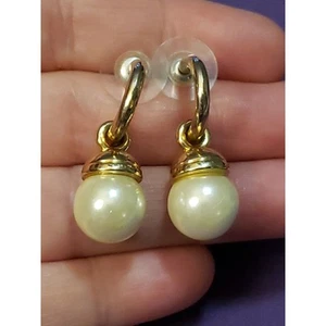 Dangle Faux Pearl Open Huggie Hoop Earrings, Large Glass Pearls, Gold Tone Metal - Picture 1 of 9