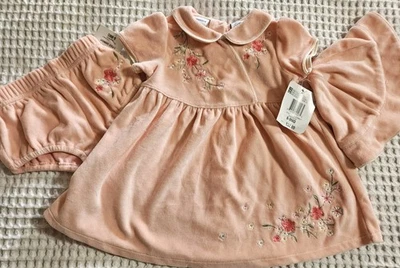 NWT Girls 6-9 Month 3 Piece Set, Peach Melba Dress, Diaper Cover, Hat Set First - Image 1 of 4