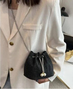 Small Black Sequin Faux Pearl Decor Bucket Crossbody Bag Silver Metal Chain - Picture 1 of 6