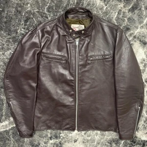 Vintage Cafe Racer Leather Jacket Mens 44 Tall 60s 70s Sears Shop Brown Zip Coat - Picture 1 of 6
