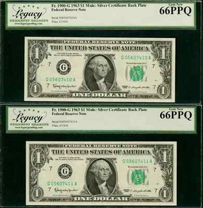 CONSEC PAIR: $1 1963 Mule FACE of FRN + BACK of SILVER CERT LCGS Gem New 66PPQ - Picture 1 of 2