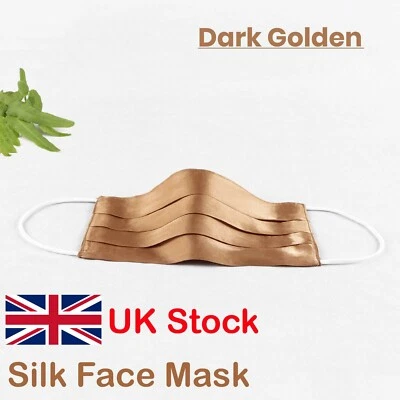 Silk Face Mask Nose Mouth Cover Reusable Washable Luxury Elegant Satin Dark Gold - Image 1 of 4