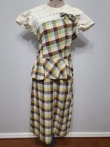 Vintage 1940s Brown, Yellow & Green Plaid Dress Peplum (B-36" W-28" H-37")