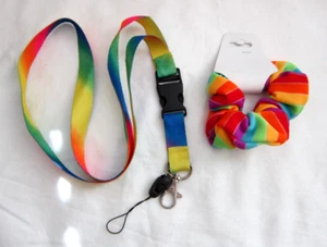 Blue,Orange,Yellow,Pink,Purple Rainbow Gay Pride 15" lanyard&Hair Scrunchie!New! - Picture 1 of 4