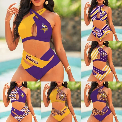 Minnesota Vikings Criss Cross Swimsuit 2 Pieces Bikini Set Hollow Out Swimwear Cover