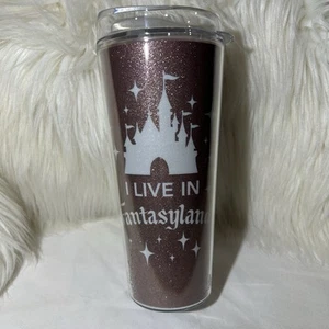 Disney Parks Pink Glitter Rose Gold “I Live In Fantasyland” 22 oz. Tumbler - Picture 1 of 9