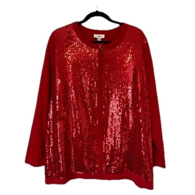 Quacker Factory Long Sleeve Red Sequin Zipper Front Cardigan Size 1X Holiday  - Image 1 of 4