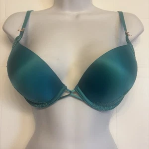 Victoria's Secret Bombshell Plunge Super Push-up Bra Size 36B Satin Lace Teal - Picture 1 of 9