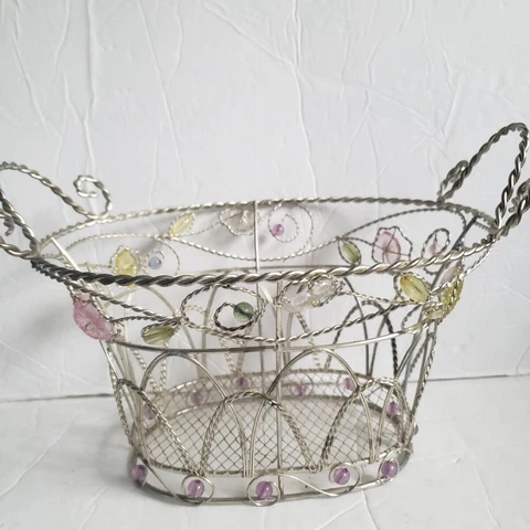 Vintage Wire Spring Floral Easter Basket Green and Purple Beading Cover
