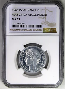 1946 ESSAI FRANCE 2F MAZ-2749A ALUM. PIEFORT ~ NGC PF 62 ~ RARE! - Picture 1 of 5