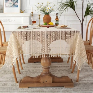 Retro Square Off White Lace Tassel Crochet Doily Table Runner Cloth Placemat - Picture 1 of 4