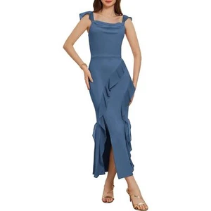 Women's Cowl Neck Sleeveless Ruffled Dress High Slit Cocktail Party Maxi Dress - Picture 1 of 15