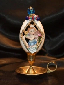 VINTAGE Angel w Flowers FANCY Hand Carved Decorated Real GOOSE or DUCK EGG - Picture 1 of 8
