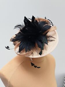 Jacques Vert Fascinator Camel/Natural Sinamay Black Floral Feather pearl centre