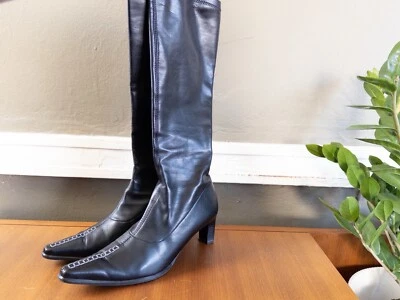 Botas negras vintage Paul verde punta media pantorrilla tacón cuero talla 7,5 Foto 1 de 4