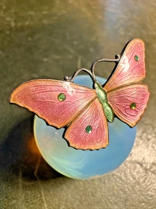 Antique JOHN ATKINS Sterling Silver Pink Green Enamel Butterfly Brooch/Pin Art - Picture 1 of 17