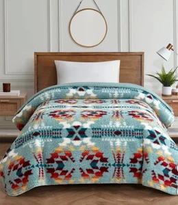 Pendleton TWIN Legend Lake Aqua Sherpa Fleece Blanket Aztec Southwest 66X92 EUC - Picture 1 of 17