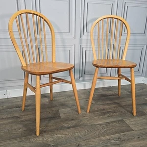 Pair 2 Retro Solid Wooden Hoop Back Windsor Dining Chairs Seats Beech Elm Blonde - Picture 1 of 24