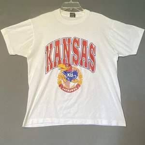 Vintage Kansas Jayhawks Grafik T-Shirt Large einzeln genäht weiß defekt - Bild 1 von 7