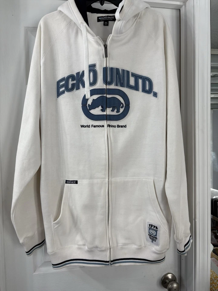 CHAQUETA SUDADERA BLANCA ECKO UNLIMITED WORLD FAMOUS RHINO 1972 TALLA 3-XL con capucha Foto 1 de 4