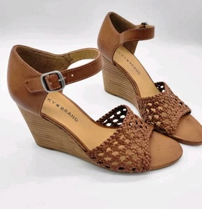 Lucky Brand Brown 7.5 Leather Strappy Platform Wedge Sandals Boho Summer Shoes - Picture 1 of 11