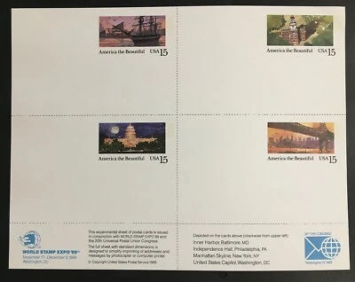 UX139-42 UPU Congress/World Stamp Expo '89 Sheet 4 mint 15 cent Postcards UX142a - Image 1 of 4