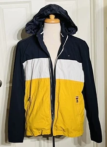 TOMMY HILFIGER Nylon Windbreaker Colorblock Blue Yellow Hidden Hood - Picture 1 of 13