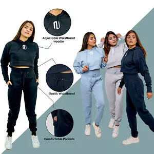 Womens Ladies Ribbed Hem Crop Top Hoodie Jogging Bottoms Tracksuit 2pcs Set - Picture 1 of 34