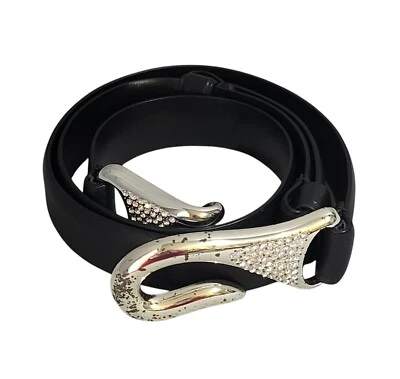 Регулируемый ремень Chicos размер M/L черный кожаный серебристый крюк пряжка стразы блестящий - Изображение 1 из 4