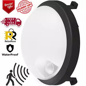 12W Outside Round IP54 PIR Sensor Bulkhead Wall Light Black Waterproof Motion UK - Picture 1 of 24