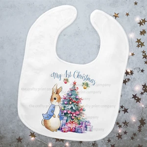 My 1st Christmas Peter Rabbit 100% Cotton Bib, Baby's First Christmas Gift - Picture 1 of 2