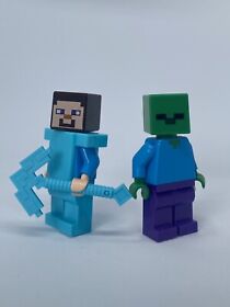 Lego Steve (Medium Azure Armor) and Zombie Minfigure Pack (min042, min010)