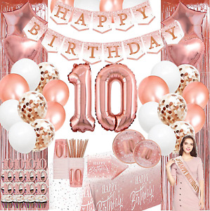 10Th Birthday Decorations for Girl - Total 166Pcs Rose Gold Bannerfoil Backdrop