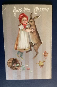Postcard Silver Easter Anthropomorphic Rabbit Girl Dancing chick 1909 C20 - Picture 1 of 2