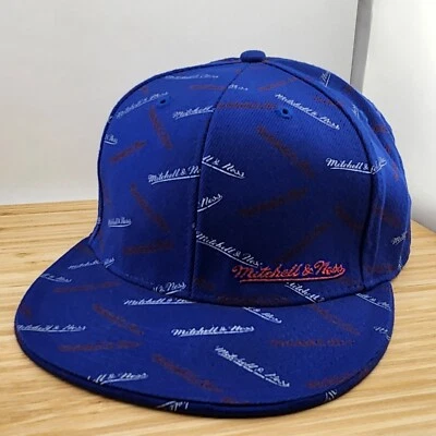 Sombrero ajustado Mitchell & Ness, estampado integral, gorra azul con logotipos rojos y blancos, talla 8 Foto 1 de 4