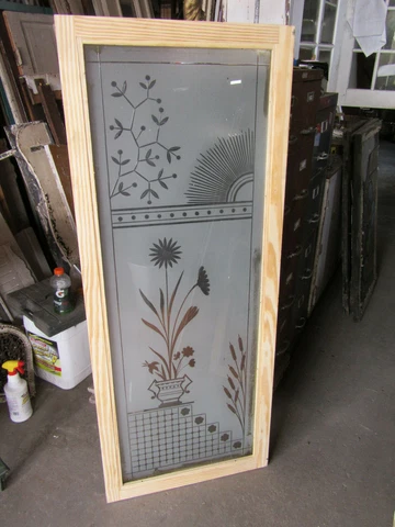~ LARGE ANTIQUE WHEEL CUT ETCHED GLASS WINDOW ~ 25 X 61 ~ ARCHITECTURAL SALVAGE Cover