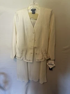 Koret Skirt Jacket Suit Womens Size 14W Ivory 2 Piece beaded gold trimmed - Picture 1 of 7