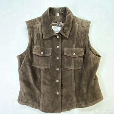 Vakko Vest Womens M Brown Leather Suede Collared snap front Pockets Lined - Image 1 of 4