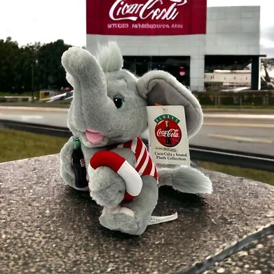 Coca Cola Plüschtier Elefant hält Flasche Cola grau 7,5 Zoll Vintage Neu mit Etikett - Bild 1 von 4