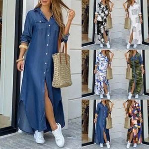 Womens Casual Collared Long Sleeve Shirt Dress Floral Buttons Loose Midi Dresses - Picture 1 of 27