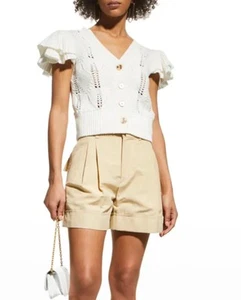 Milly 100% Cotton Ecru White Ruffle Pointelle Cardigan Short Sleeve Knit Large - Picture 1 of 8