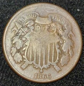 1866 2 Shield Two Cent Piece - Picture 1 of 2