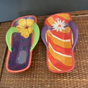 Ton Kunst Flip Flop Keramik Dip Dessert Snack Süßigkeiten Gewürz Schüsseln 2 Set - Bild 1 von 6