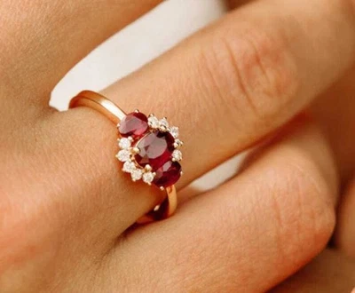 Natural Red Ruby Three Stone Cluster Women Ring Solid 10k Yellow Gold K294 - Image 1 of 4