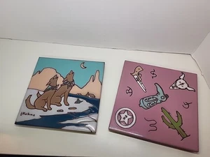 Vintage 90s Earthtones Southwestern Tile Wall/Trivit/Hot Plate Set Of 2 - Picture 1 of 6