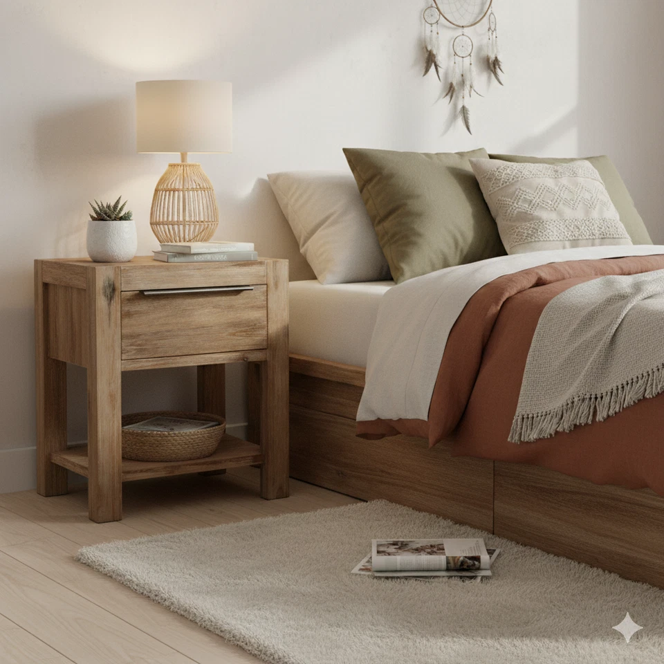 Juego de 2 mesitas de noche pequeñas de madera de acacia marrón Foto 1 de 4