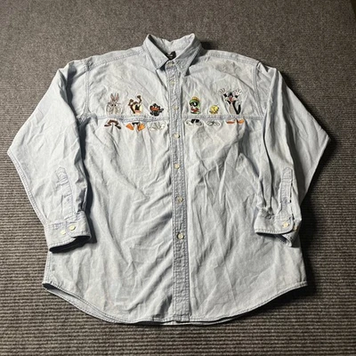 Looney Tunes Men’s Shirt Large Blue Embroidered Warner Bros Button Up Plaid 90s - Imagem 1 de 4