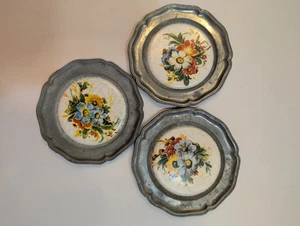 Mid Century German Pewter Ceramic Mini Floral Wall Plates Coasters Set Of 3 - Picture 1 of 8
