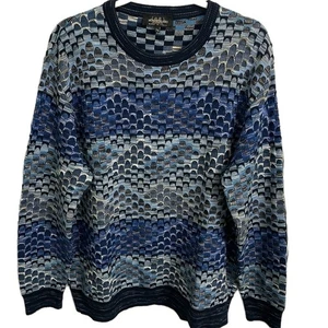 Montechiaro Sweater Mens XL Blue Geometric Print Pullover Crewneck Italy Vintage - Picture 1 of 8