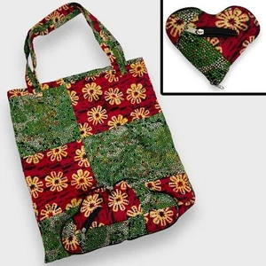 Handmade Tote Bag Heart Shape Zip-Up Fabric Batik Print Red Green Change Pocket - Picture 1 of 11